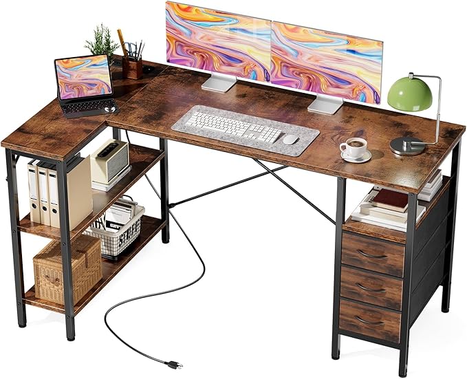 Simple Deluxe L Shaped Gaming Desk with Power Outlets 55 Inch Computer Desk with 3 Drawers Shelves Corner Computer Desk for Gaming Corner Work Home Office Study Rustic Brown