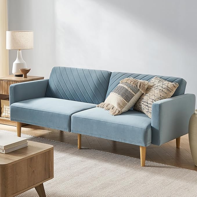 mopio 76.4 Futon Sofa Bed Couch Loveseat Sleeper Sofa Mid Century Modern Futon Couch Sofa Cama Couches for Living Room (Sky Blue Premium Velvet)