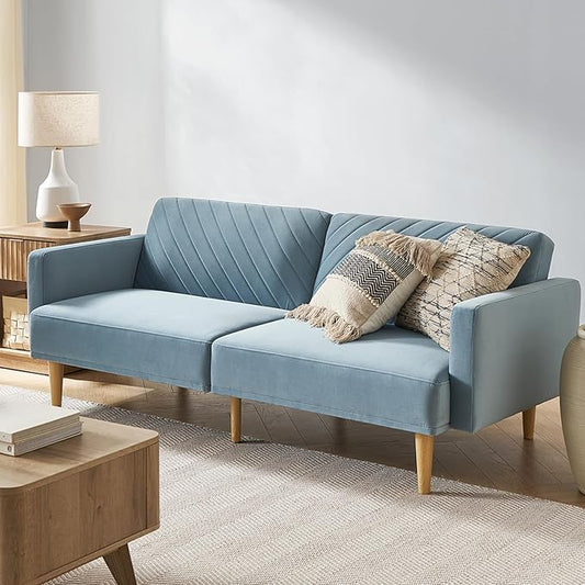 mopio 76.4 Futon Sofa Bed Couch Loveseat Sleeper Sofa Mid Century Modern Futon Couch Sofa Cama Couches for Living Room (Sky Blue Premium Velvet)