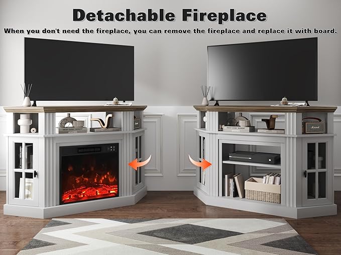 YESHOMY Corner Fireplace TV Stand for Television up to 55 with Storage Cabinets Entertainment Center Media Console for Living Room Bedroom White＆Rustic