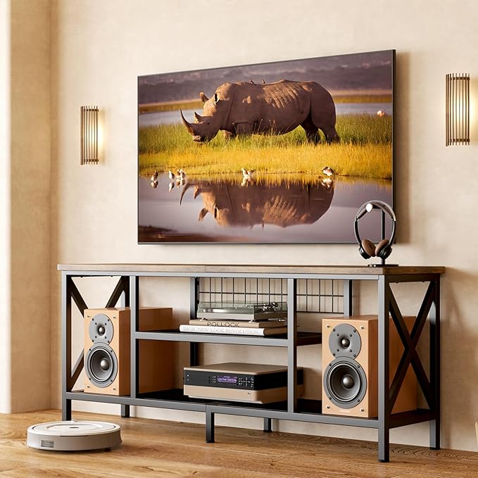 Gizoon 59.8 Industrial TV Stand for 55-65 Inch TVs Rustic Brown 3-Tier Media Entertainment Center with Open Shelves Metal Frame Sofa Table for Living Room Bedroom Office
