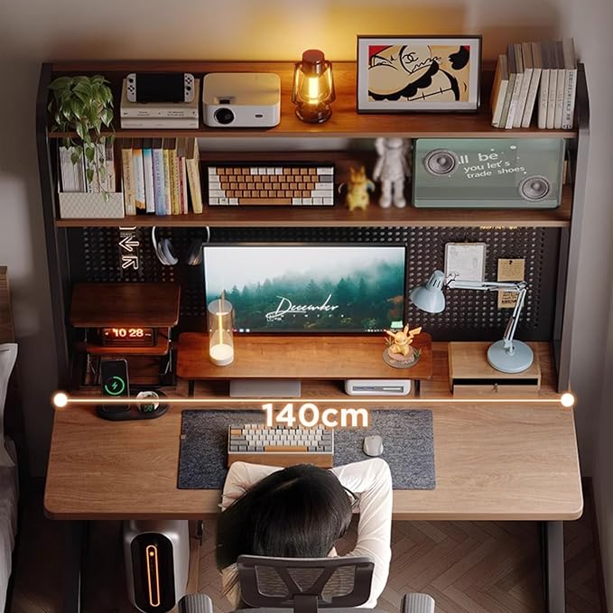 63.0in Computer Desk with Pegboard Gaming Desk with Storage Shelves PC Gamer Workstation Desk Modern Study Writing Table for Home Office Bedroom (Brown 63.0in/160cm)