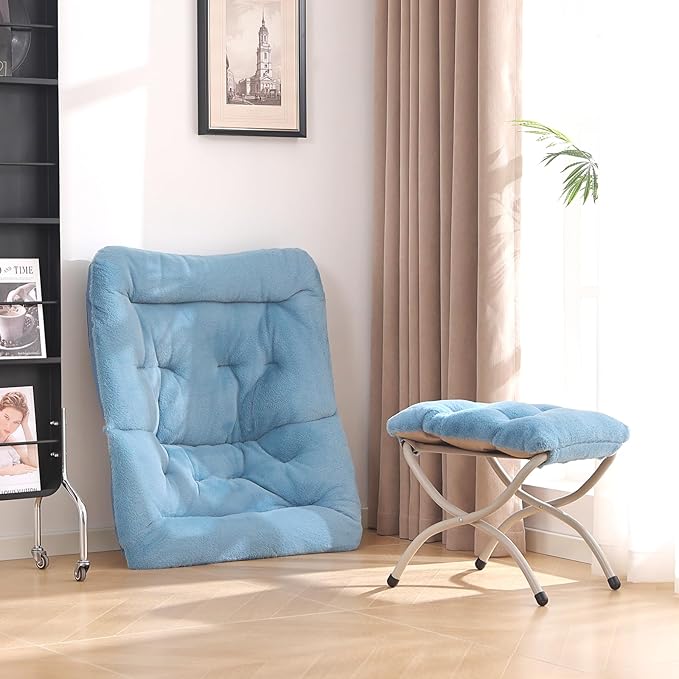 Saucer Chair with Ottoman Comfy Oversized Folding Chair Faux-Fur Reading Chair for Teens Adults Foldable Accent Lazy Chair Metal Frame Chair for Living Room Bedroom Blue