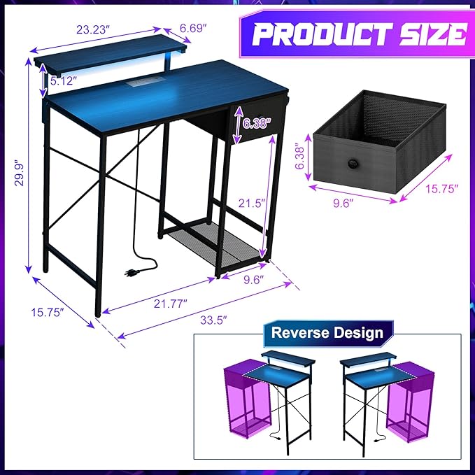X-cosrack 33.5 Small Gaming Desk with LED Lights &amp Power Outlets Compact Computer Desk with Monitor Stand &amp CPU Stand Gamer Table with Storage Drawer Side Hooks for Home Office Bedroom B