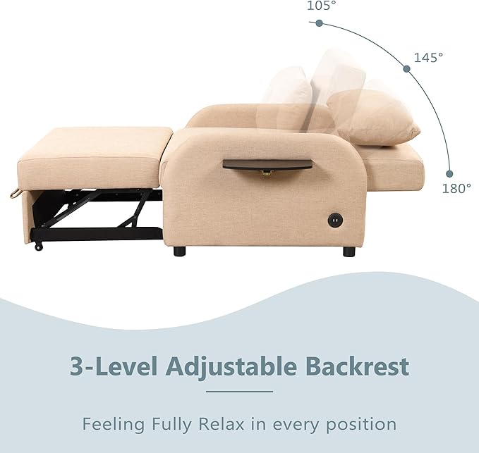 Pull Out Sofa Sleeper Bed 3-in-1 Sofa Bed with 2 Wing Table Side Pocket and Usb Charge Line Fabric Convertible Sleeper Chair Bed for Living Room Recreation Room (Beige-2 Wing Table Side Pocket)
