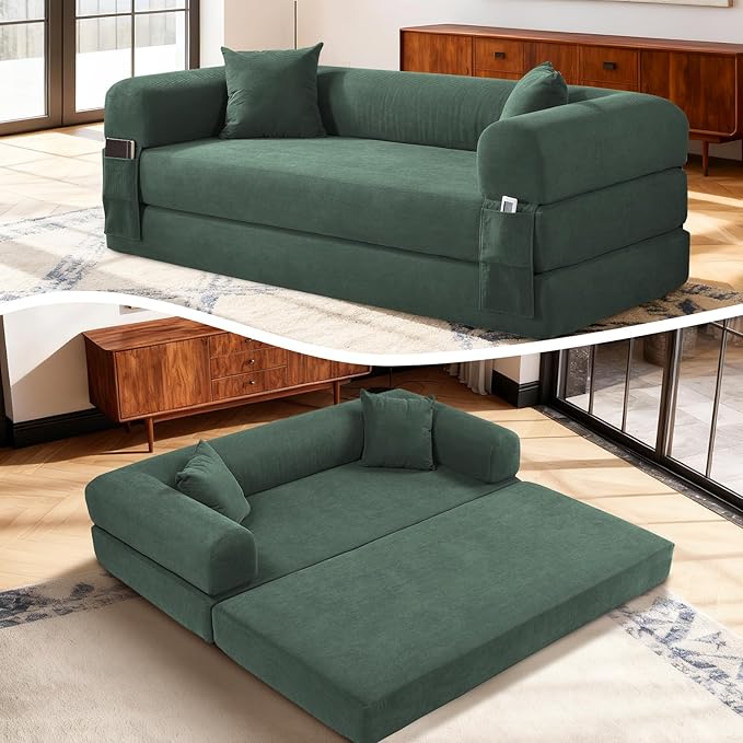 4-in-1 Folding Convertible Sofa Bed 80 Inch Oversized Corduroy Boneless Couch Loveseat Sleeper with Pull Out Bed Floor Sofa Modular Futon Teddy Sofa for Living Room Bedroom Lounge Light Green