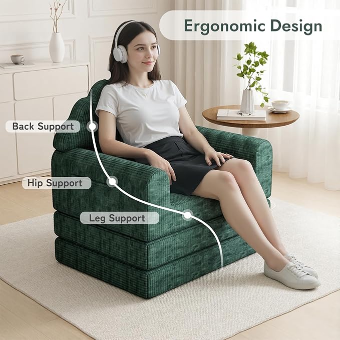 2-in-1 Folding Sofa Bed with Back Support 75 D x 34 W Convertible Futon Sleeper Chair for Adult Fold Out Bean Bag Floor Foam Lounger Couch for Living Room Bedroom Small Space Olive Green