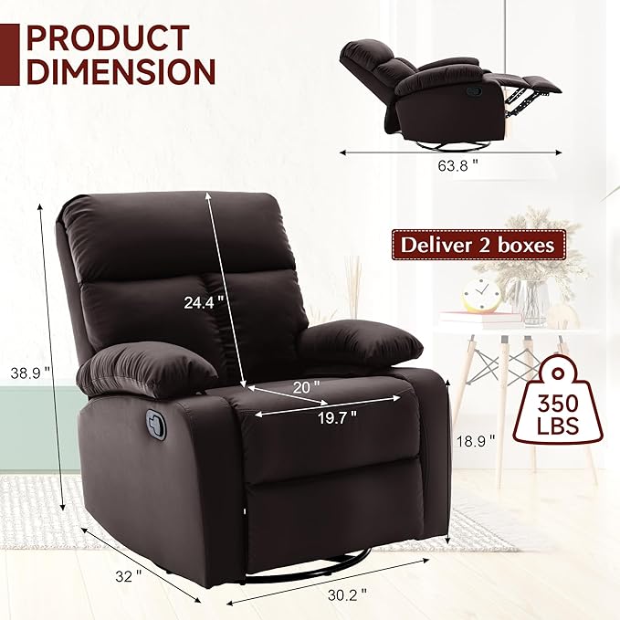 Swivel Rocker Recliner Small Recliners for Small Spaces with Overstuffed Arms and Back Manual Swivel Chairs for Living Room Nursery Bedroom Dark Brown