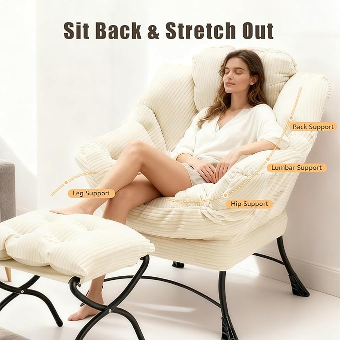Oversized Lazy Chair with Ottoman for Adults Chair and Ottoman Set Modern Skinny Lounge Chair with Footrest Wide Reading Chair for Living Room Comfy Accent Armchair for Small Spaces White