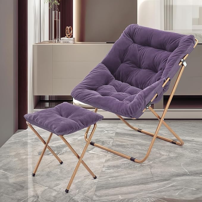 MoNiBloom Square Folding Faux Fur Saucer Chair for Bedroom Living Room Foldable Metal Frame Oversized Large Comfy Furry Padded Soft Cozy Moon Chair with Footrest Ottoman for Adults (Purple 2 Set)