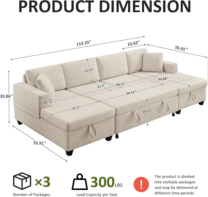 VANOMi U Shaped Sectional Sleeper Sofa with Pull Out Bed 113 Modular Sectional Sofa with Storage Chenille Couches for Living Room Apartment Office Beige | Large Storage Space with 2 Chaise with