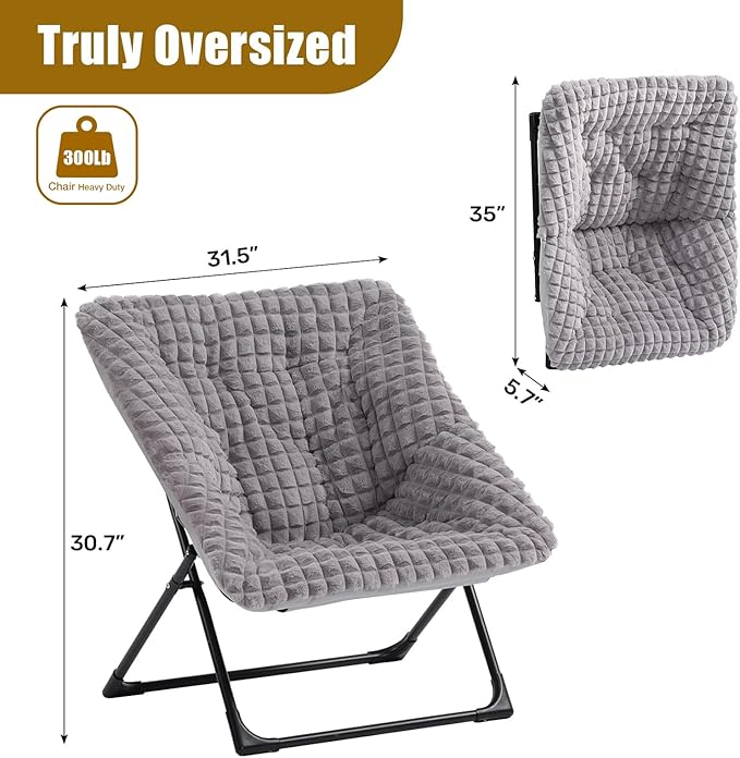 HollyHOME X-Large Saucer Chair Comfy Oversized Folding Chair Faux-Fur Reading Chair for Teens Adults Foldable Accent Lazy Chair Metal Lounge Chair for Living Room Bedroom Dorm Grid Blue&ampGr