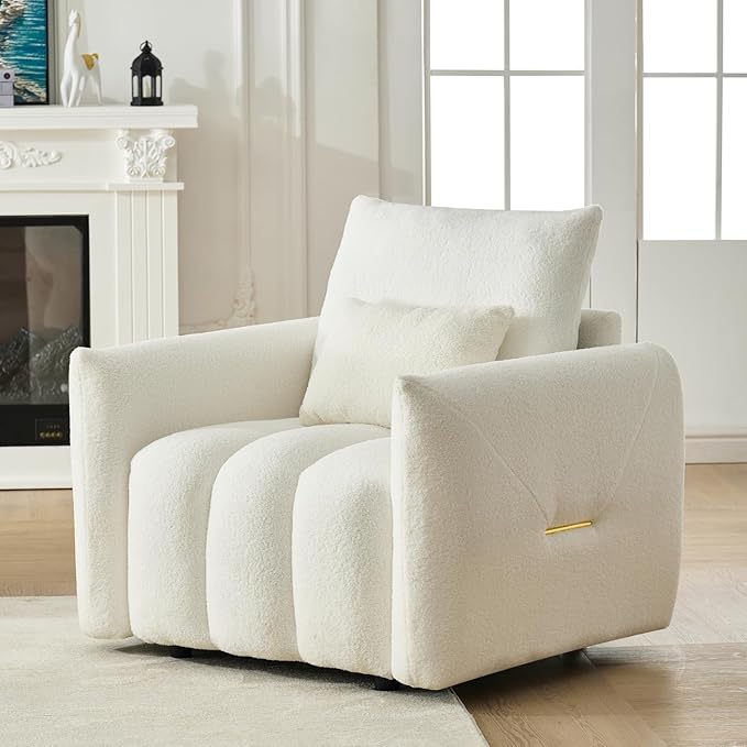 White Oversized Armchair Teddy Cloud Sofa Couch Comfy Upholstered Sherpa Couch with Pillow Modern Deep Seat Single Accent Chair for Living Room Bedroom Office Apartment (White)