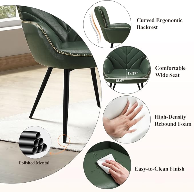 Mid-Century Modern Green Faux Leather Accent Chair Upholstered Armchair for Living Room/Bedroom/Reading Corner Curved Back &amp Padded Arms High-Density Cushion Metal Legs Easy-to-Clean Design