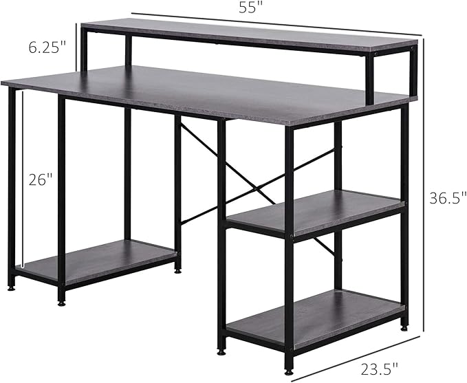55 Inch Home Office Computer Desk Study Writing Workstation with Storage Shelves Elevated Monitor Shelf CPU Stand X Shaped Construction Grey Wood Grain