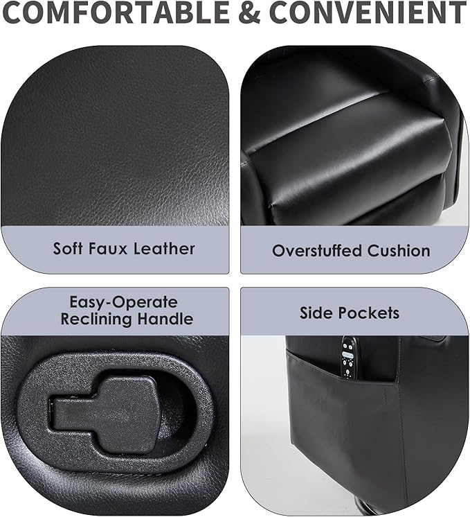 Swivel Rocker Recliner Chair 360° Swivel Recliner with Heat and Massage Rocker Recliner Nursery Glider Chair with Side Pockets for Living Room (Black Faux Leather)