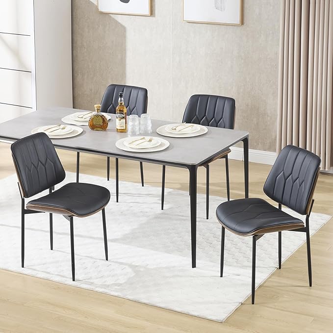 BV Mid Century Modern Dining Chairs Set of 4 Upholstered Pu Leather Armless Accent Chair with Walnut Bentwood Back Retro Kitchen Chair for Dining Room Living Room Kitchen Black