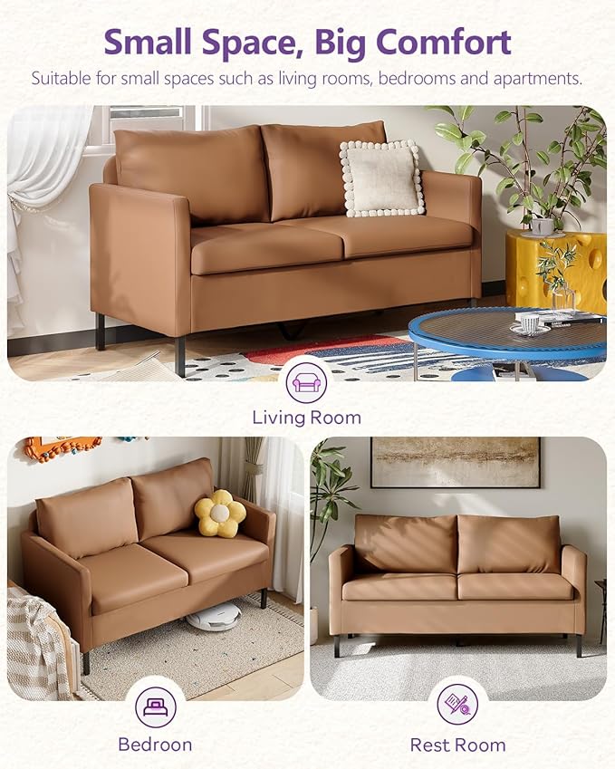 TYBOATLE Modern Faux Leather Small Couches for Small Spaces Comfy Upholstered Brown Love Seat for Bedroom 2 Seater Mini Couch for Dorm Apartment Office Brown