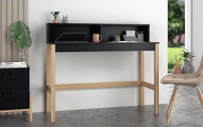 Manhattan Comfort Bowery 47 Inch Mid Century Modern Home Office Desk Study Table or Entryway Furniture with 2 Cubbies and Rustic Wood Base Black/Oak