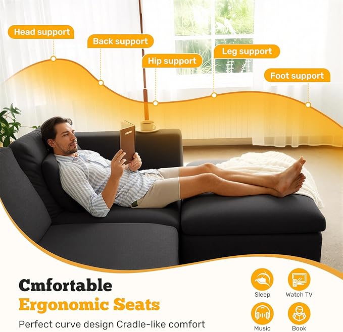 Loveseat Sofa Cloud Boneless Couches for Living Room 2 Seater Modular Sectional SofaOversizedBlack Chenille