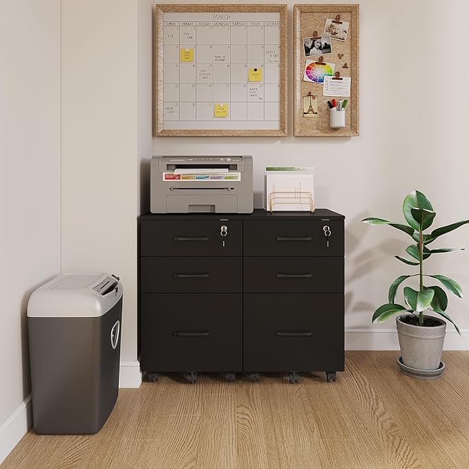 3 Drawers Wooden Locking File Cabinet with Storage Removable File Cabinet for Home OfficeUnder Desk Filing Cabinets(Black)