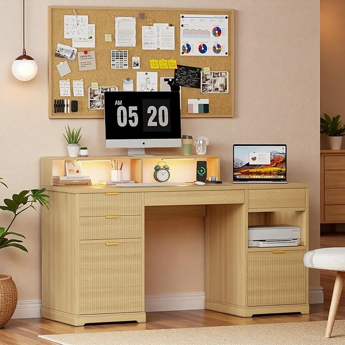 Fluted Desk with Drawers 63 Home Office Executive Desk with Lift Top Filing Cabinet Gaming Desk Charging Station Sensor Lights Computer Table with Monitor Stand Natural Wood