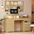 Fluted Desk with Drawers 63 Home Office Executive Desk with Lift Top Filing Cabinet Gaming Desk Charging Station Sensor Lights Computer Table with Monitor Stand Natural Wood
