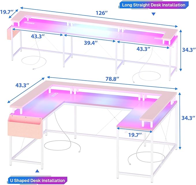 U/L Shaped Desk Reversible Computer Gaming Desk with Power Outlet &amp LED Light Large Corner Table with Monitor Stand &amp Storage Shelf Idead for Home Office Gaming Pink