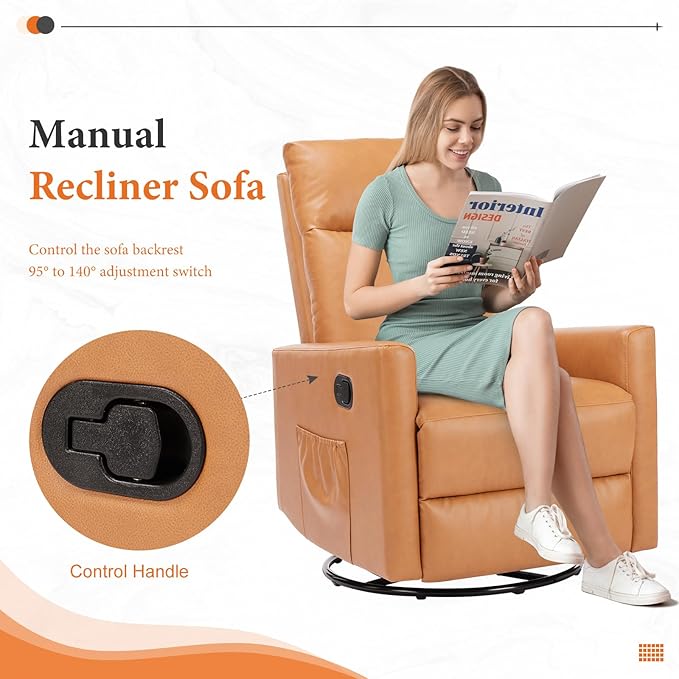 Sweetcrispy Recliner Chair 360 Swivel Rocker Chair for Adults Glider Rocker Recliners Nursery Chairs for Living Room High Back Upholstered Deep Seat Classical Brown