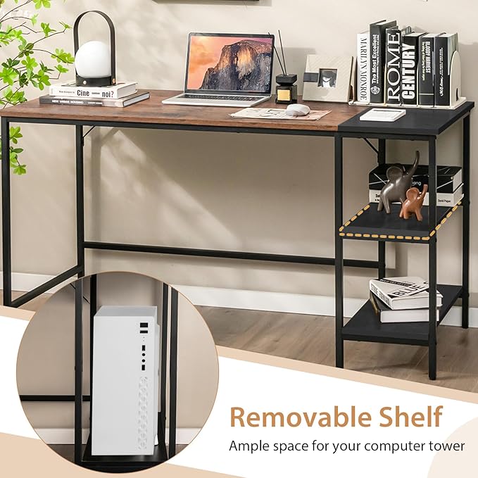 Computer Desk 55’’ Gaming Desk w/Storage Shelves Steel Frame &amp Adjustable Feet Wood Office Table Large Writing Desk for Bedroom Study Home Office (Rustic Brown 55''W)