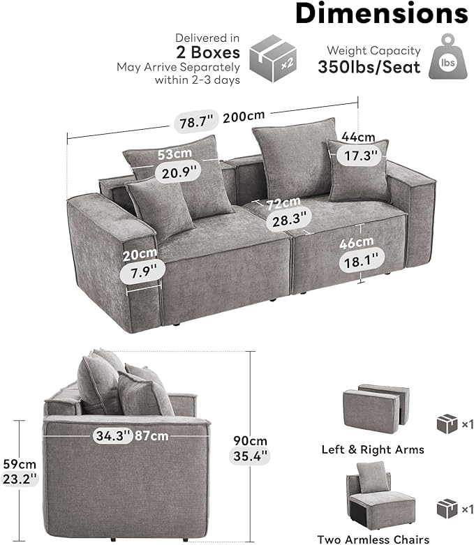 Tbfit 78'' Modular Sectional Sofa Chenille Cloud Couch with Wide Armrests &amp 4 Pillows Deep Seat Couches for Living Room Grey
