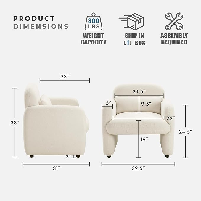 Lexicon Modern Accent Single Sofa Chair with Square Armrest Boucle Fabric Upholstered Comfy Reading Chair with Lumbar Pillow for Bedroom/Living Room/Office Beige