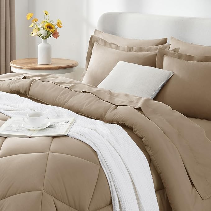CozyLux Full Size Comforter Sets Taupe - 7 Pieces Bed in a Bag Full Luxury Soft Bed Set for All Seasons Bedding Set with Down Alternative Comforter Sheets Pillowcases &amp Shams