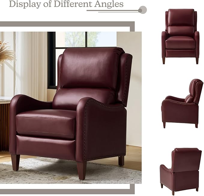 HULALA HOME Genuine Leather Recliner Chair Modern Push Back Recliner Armchair with Thick Seat Backrest &amp Footrest Nailhead Decor for Living Room Bedroom Burgundy