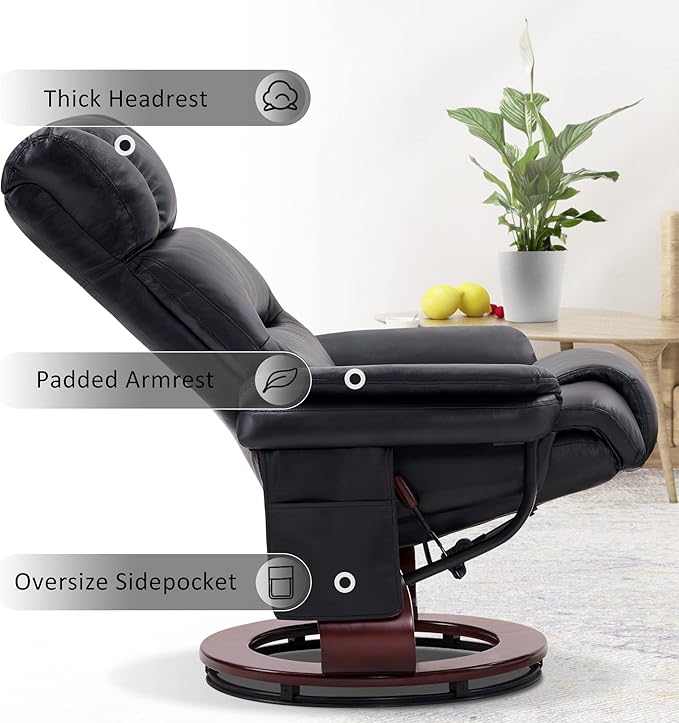 MCombo Swivel Recliners with Ottoman Reclining TV Chairs with Vibration Massage Faux Leather Ergonomic Lounge Chair for Living Room Bedroom 4832 (Black)