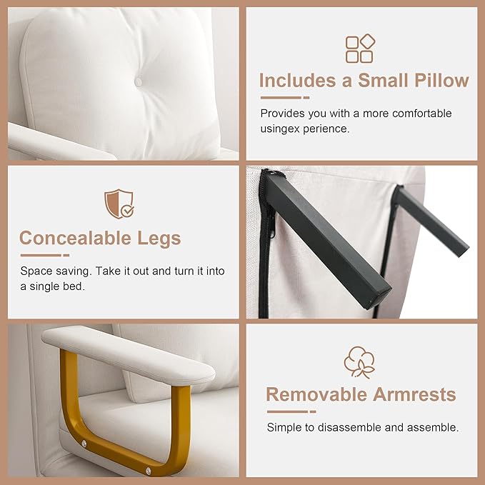 Folding Sofa Bed 5-in-1 Convertible Chair - 5-Position Adjustable Backrest with Pillow Space-Saving Sleeper for Living Room Bedroom &amp Office (White)