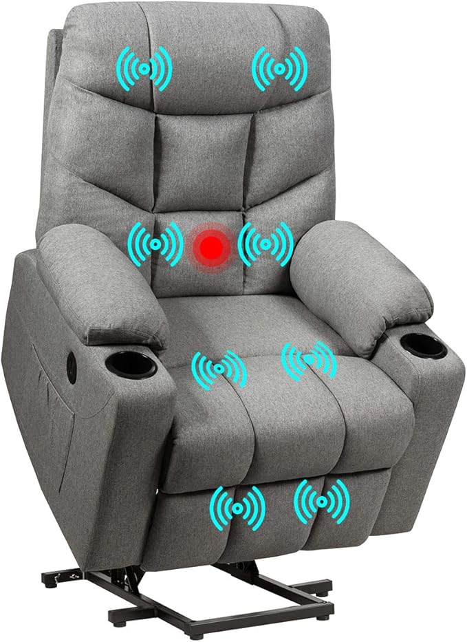 Giantex Power Lift Chair Electric Recliner Sofa for Elderly Fabric Reclining Sofa w/ 8 Point Massage &amp Lumbar Heat 2 Side Pockets Cup Holders USB Charge Port Motorized Sofa Chair for Living Roo