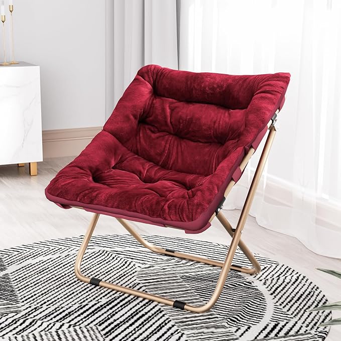 Foldable Oversized Moon Chair Large Soft Lazy Cozy Comfortable Faux Fur Square Saucer Moon Chair for Teens and Adults Burgundy