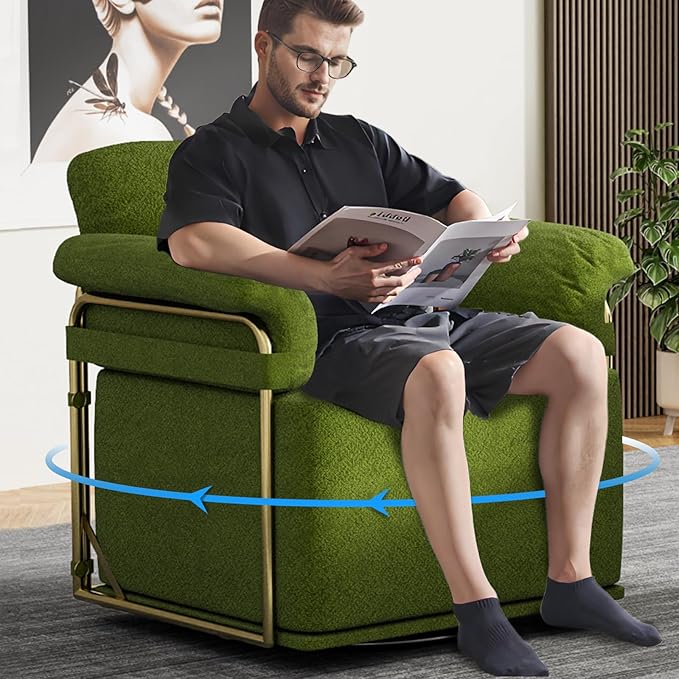 Swivel Accent Chairs 360 Swivel arm Chairs for Bedroom Club Chair with Back Gold Frame Tall Base for Office and Living Room (Green)