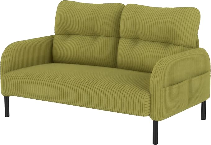 Olive Green Small Loveseat Couch for Small Spaces Corduroy Upholstered Love Seat Sofa with Side Storage Bags Comfy Mini Couch with Wooden Legs for Bedroom Living Room Apartment (Olive Green)