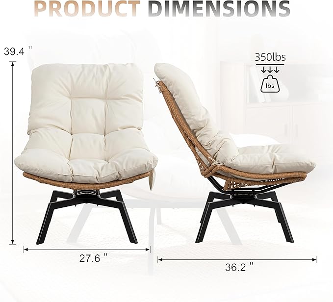 JAMFLY Accent Chair Modern Wicker Swivel Living Room Chairs with Oversized Seat &amp Cushion Papasan Chair Metal Frame Phone Pocket for Bedroom Study Balcony Beige