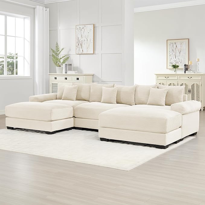 130 Corduroy Sectional Couches for Living Room Beige Comfortable Oversized Sectional Sofa Set with Deep Seat Large 3 Seater Couch with 2 Ottoman Sofas para Sala U Shaped Couch with Chaise Lounge