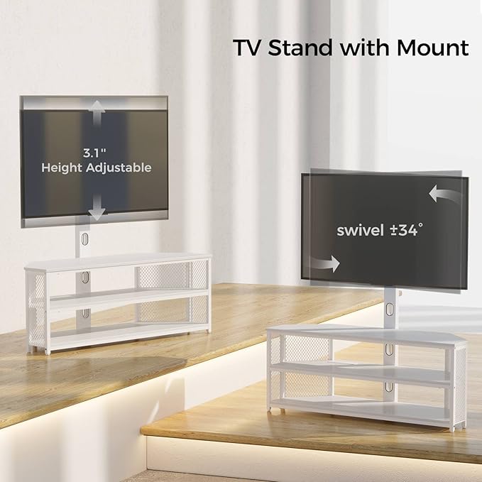 Rolanstar TV Stand with Mount and Power Outlet Swivel TV Stand with LED Lights for 32/45/55/60/65/70 inch TVs White Entertainment Center Media Console with Height Adjustable Mount
