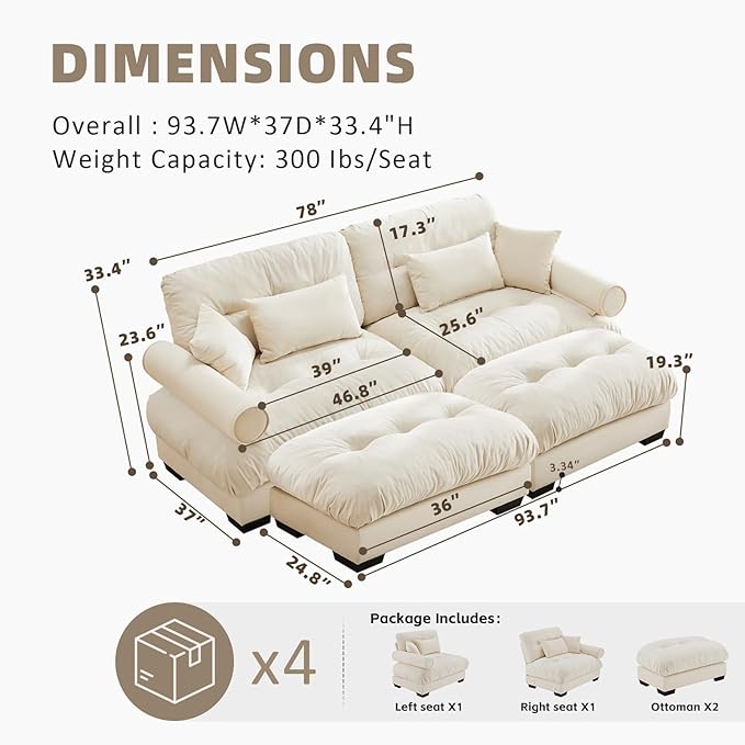 93.7 Modern Oversized Modular Sectional Sofa 2-Seater Loveseat L-Shaped Cloud Couch with 2 OttomansPillows and Overthick Cushion for Living RoomHome TheaterApartmentVelvetBeige