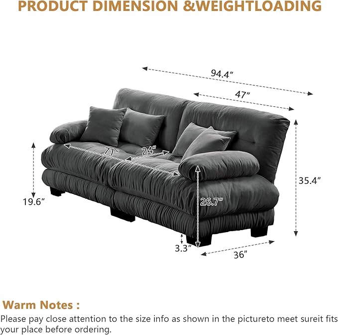 Aoowow Modern Modular Sectional Sofa94.4 Oversized Loveseat CouchChenille Cloud Couches for Living RoomTufted 2 Seater Cloud Sofas with Deep Seat (Chenille Grey 2 Seater)