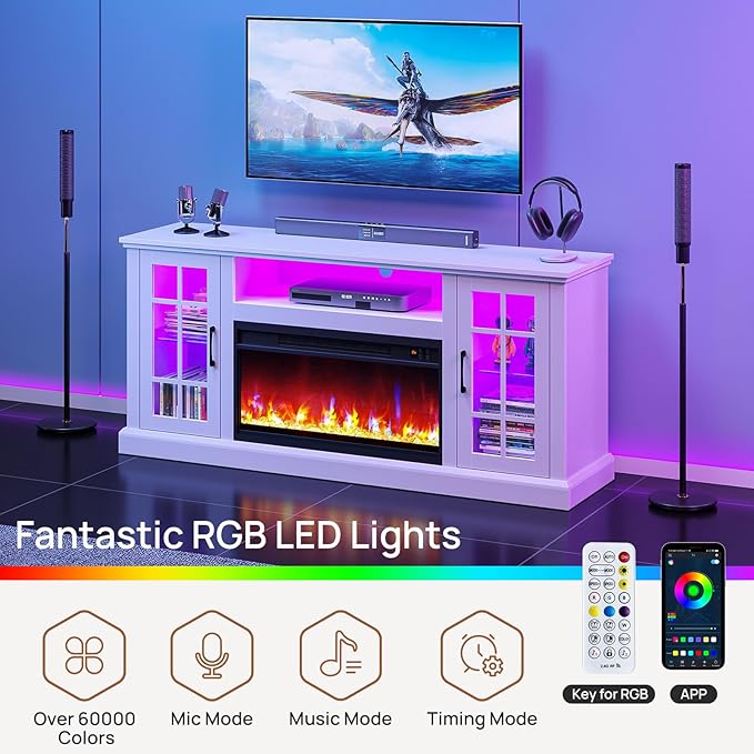 Rolanstar Fireplace TV Stand with Led and Power Outlets White Entertainment Center with 26 Electric Fireplace for 45/50/55/60/65 inch TVs Modern TV Console with Storage Cabinet for Living Room