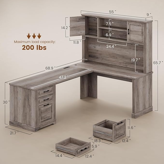 Itaar Farmhouse Executive L Shaped Desk Home Office Desk with File Drawer and Power Outlet Computer Corner Desk with Hutch and Drawer Workstation for Office Home Grey