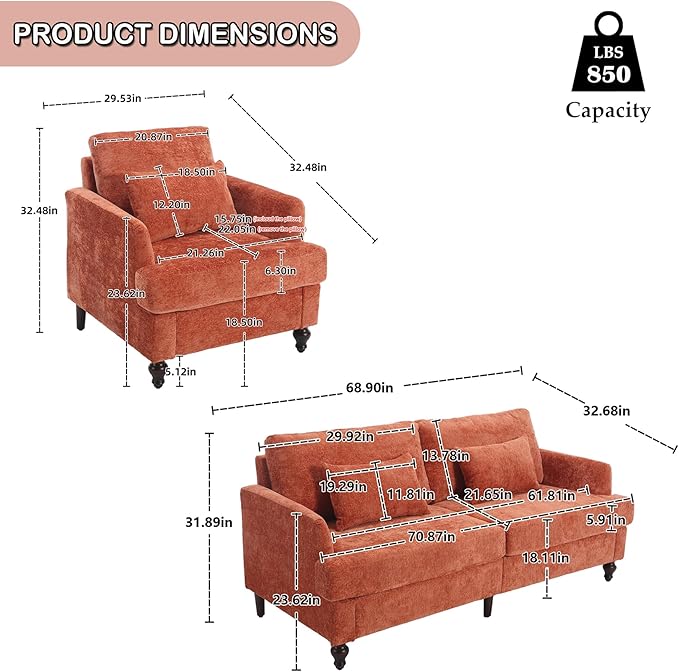 2 Pieces Sofa Couch Set for Living Room 68'' Mid Century Modern Loveseat and Accent Chair Set Chenille Sofa Comfy Cloud Couch with Deep Seats for Small Spaces Apartment Bedroom Orange