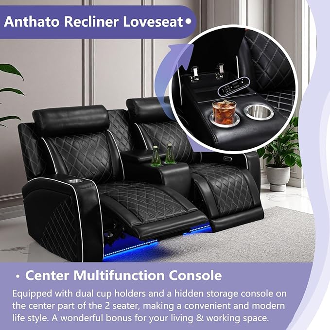 Power Recliner Loveseat Living Room Furniture Sets Breathing Leather Reclining Couch in 2 Seat Luxury Reclining Loveseat Sofa with Cupholders/Storage/Charging for Home Theater/Office Black