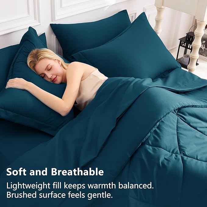 CozyLux King Size Comforter Set Lyons Blue - 7 Pieces Bed in a Bag King Luxury Soft Bed Set for All Seasons Bedding Set with Down Alternative Comforter Sheets Pillowcases &amp Shams